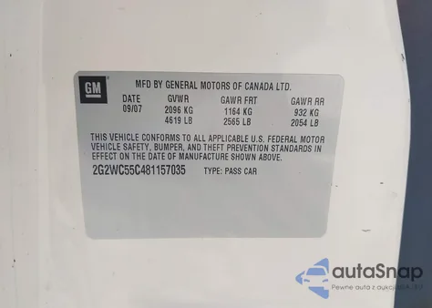 2008 Pontiac Grand Prix Gxp from USA, damaged, VIN 2G2WC55C481157035